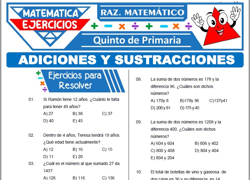 Ejercicios de Adiciones y Sustracciones para Quinto Grado de Primaria