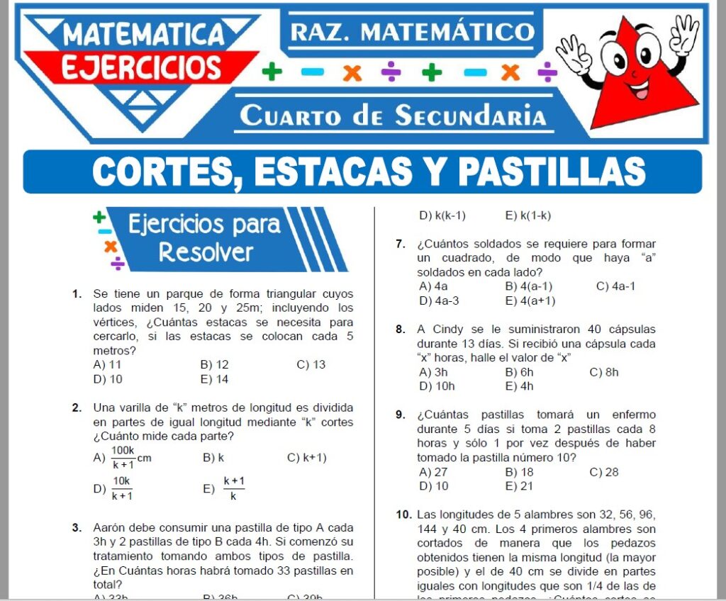 Ejercicios de Cortes, Estacas y Pastillas para Cuarto Grado de Secundaria