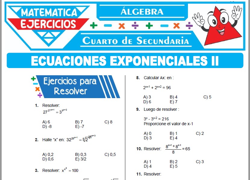 Ejercicios de Ecuaciones Exponenciales II para Cuarto Grado de Secundaria