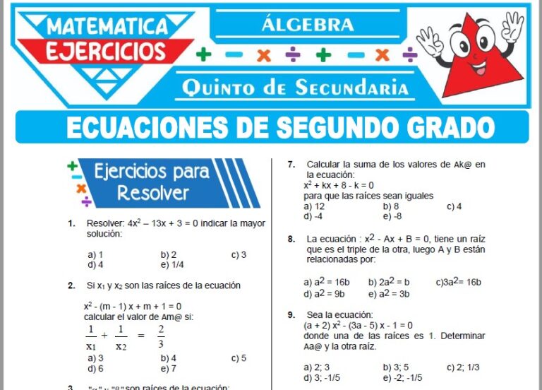 Ejercicios de Ecuaciones de Segundo Grado para Quinto de Secundaria