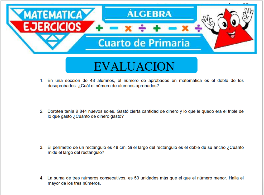 Cuestionario de Algebra para Cuarto de Primaria