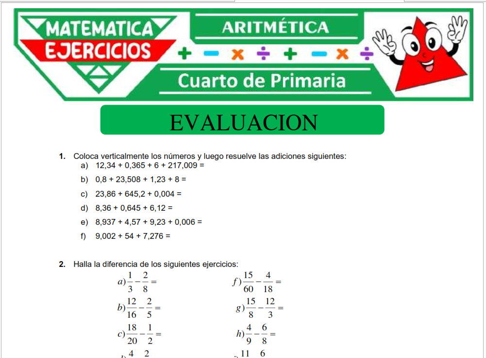 Evaluación de Aritmética para Cuarto de Primaria – Matematicaejercicios.com
