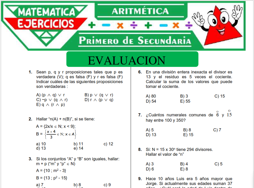Cuestionario de Aritmética para  Primero de Secundaria