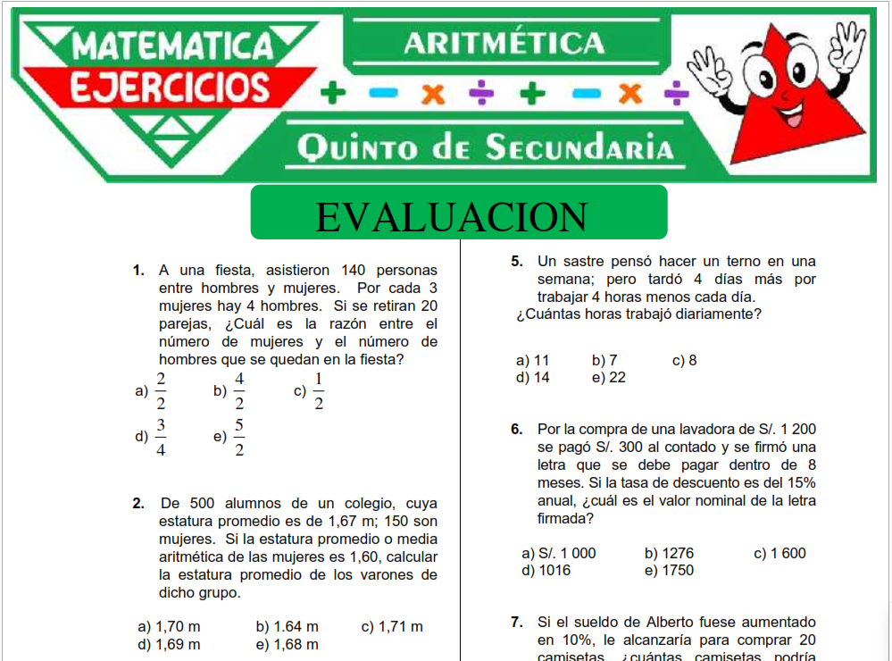 Cuestionario de Aritmética para Quinto de Secundaria
