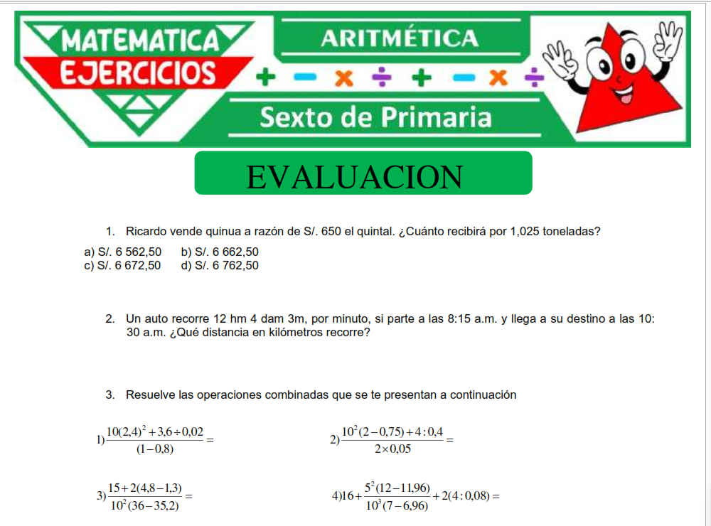 Cuestionario de Aritmética para Sexto de Primaria