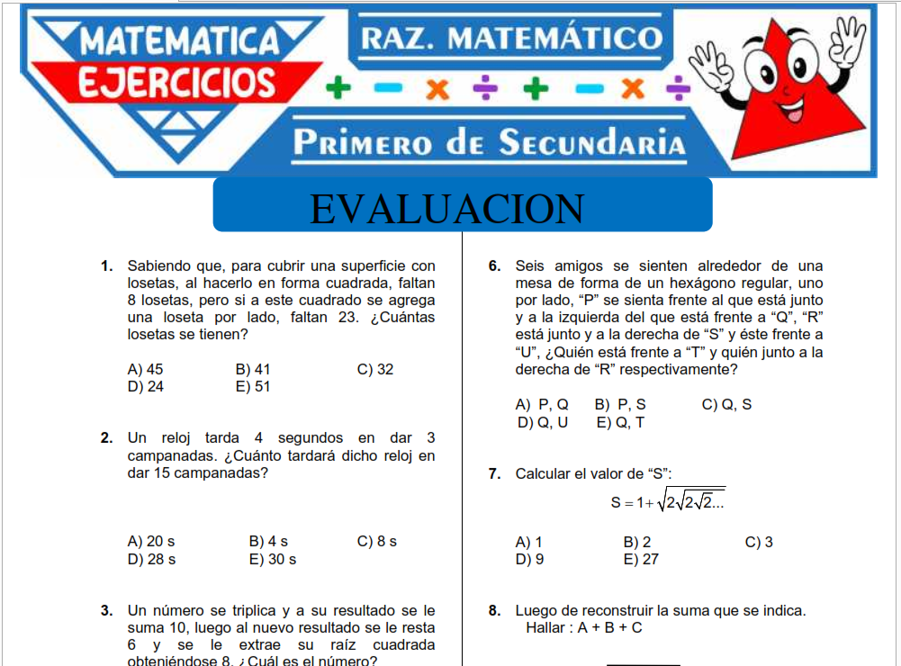 Cuestionario de Razonamiento Matemático para Primero de Secundaria