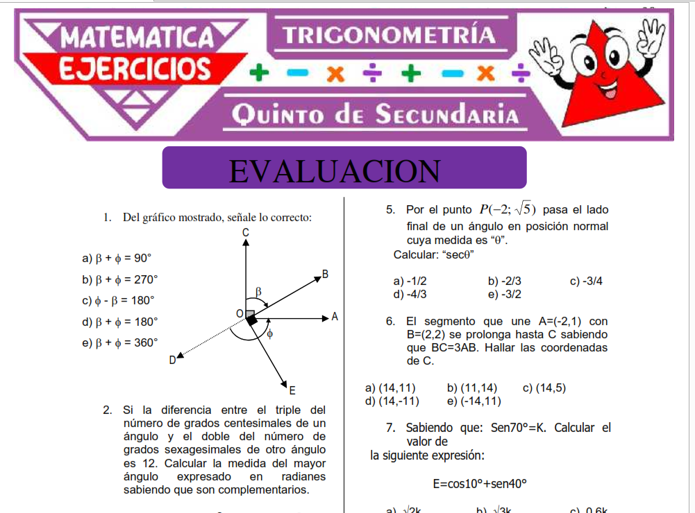 Evaluación de Trigonometría para Quinto de Secundaría