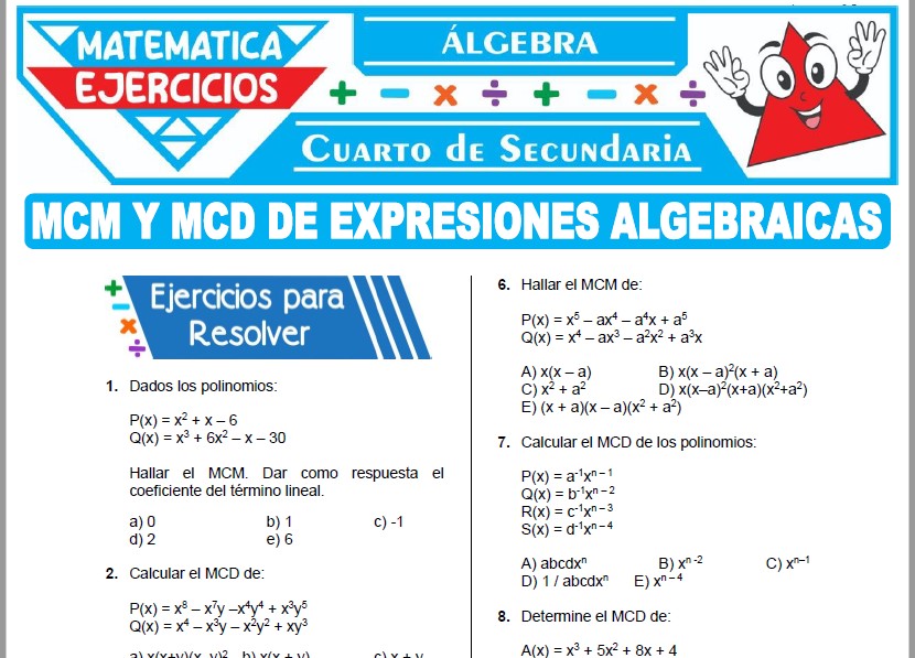 Ejercicios de MCM y MCD de Expresiones Algebraicas para Cuarto Grado de Secundaria