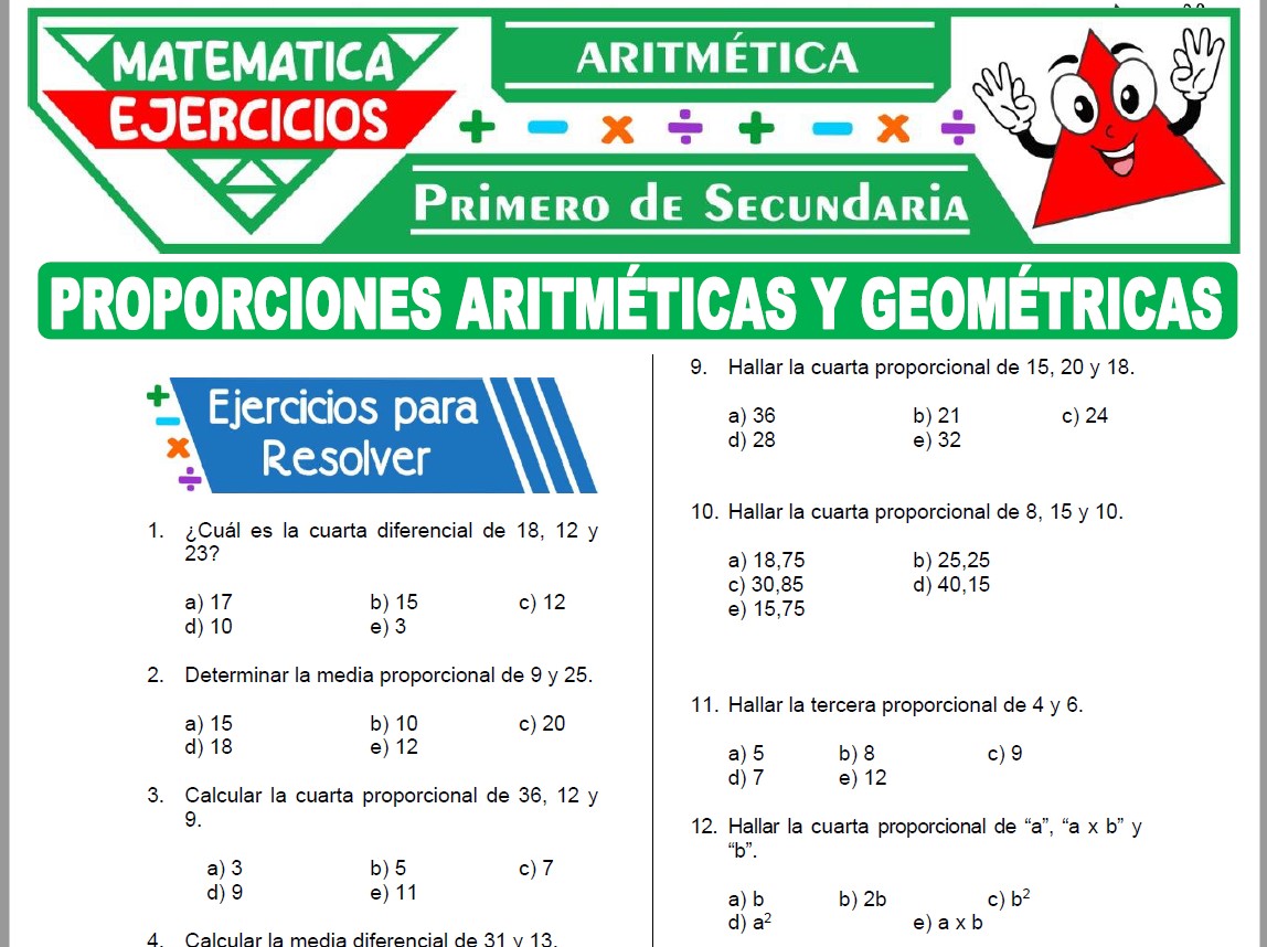 Ejercicios de Proporciones Aritméticas y Geométricas para Primer Grado de Secundaria