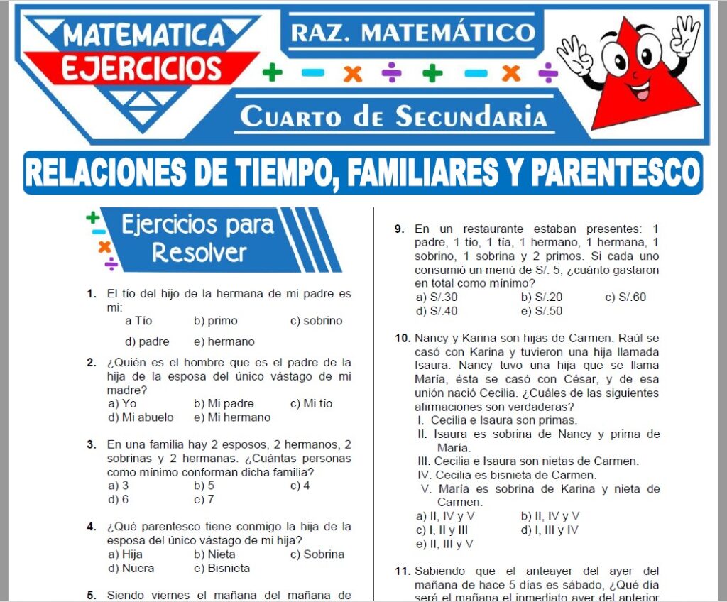 Ejercicios de Relaciones de Tiempo, Familiares y Parentesco para Cuarto Grado de Secundaria
