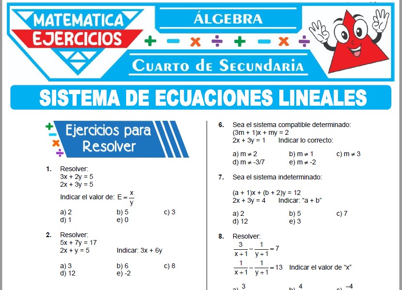 Ejercicios de Sistema de Ecuaciones Lineales para Cuarto Grado de Secundaria