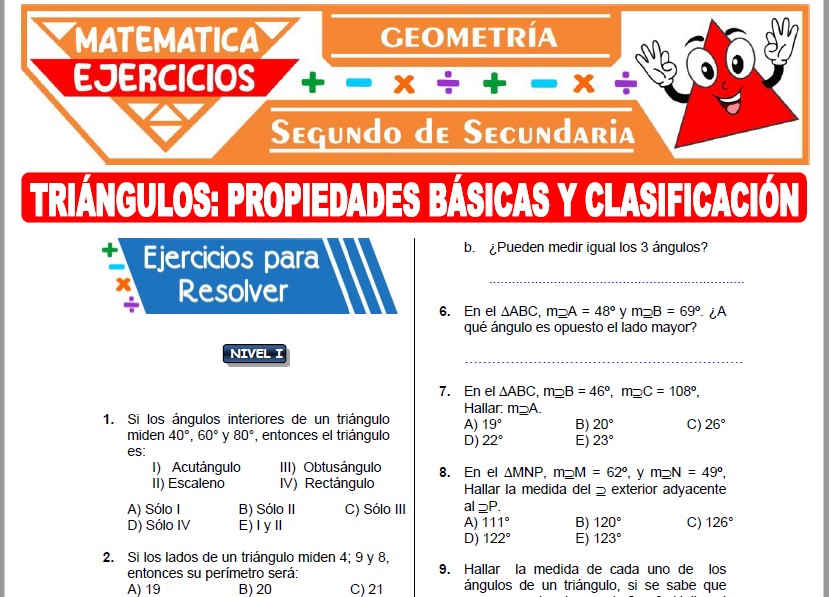 Ejercicios de Triángulos Propiedades Básicas y Clasificación para Segundo Grado de Secundaria